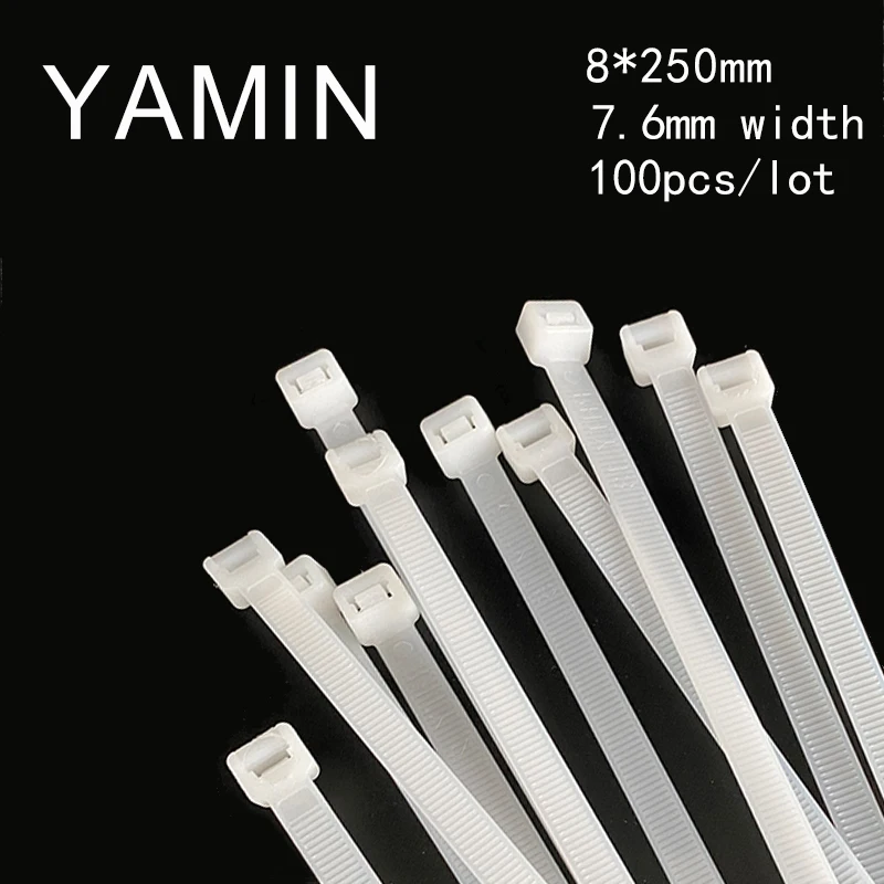 100pcs 8*250mm (7.6mm Width) White Black Nylon 66 Network Electric Wire String Zip Fastener Self-Locking Plastic Cable Tie