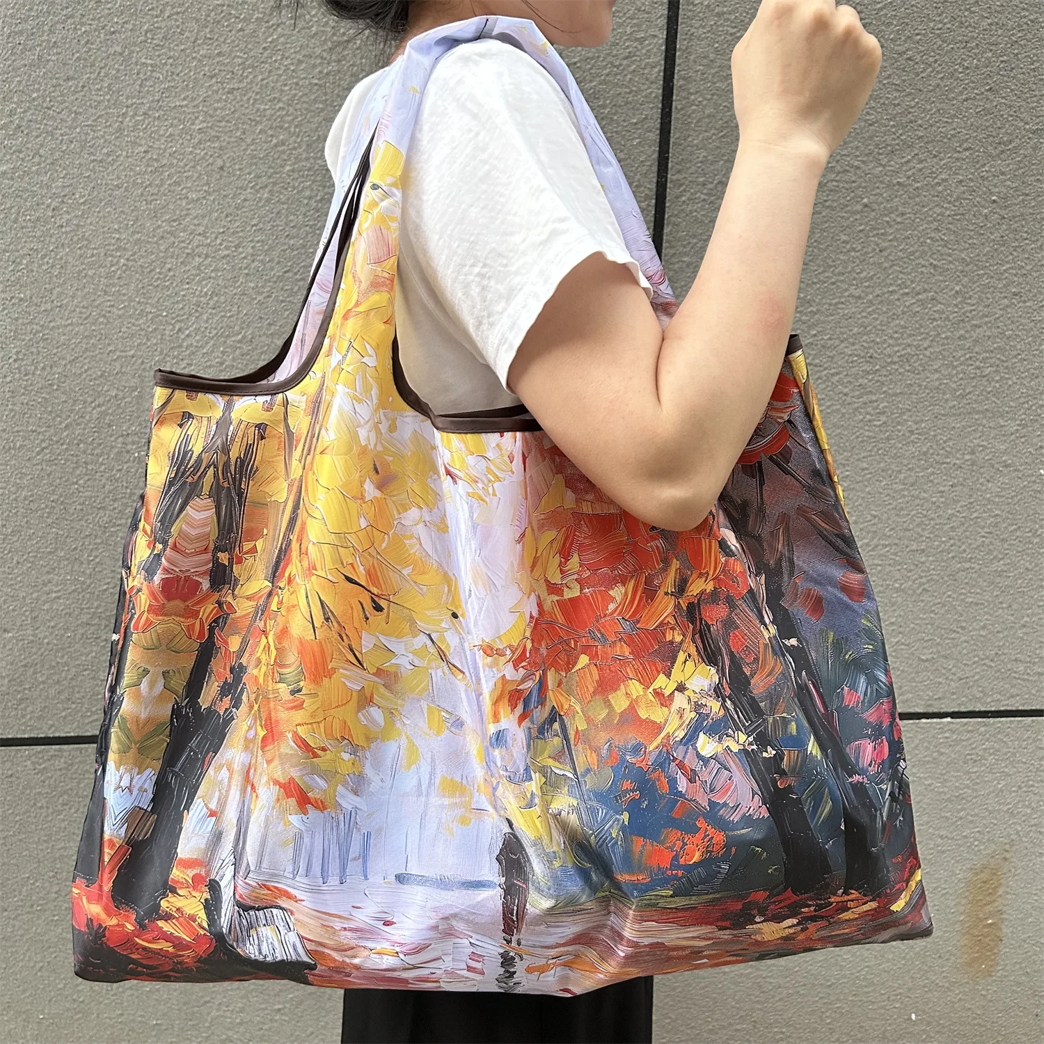 Vintage Painting Style Large Capacity Foldable Tote Bag Durable Tear-Resistant Nylon Machine Washable Shopping Bag