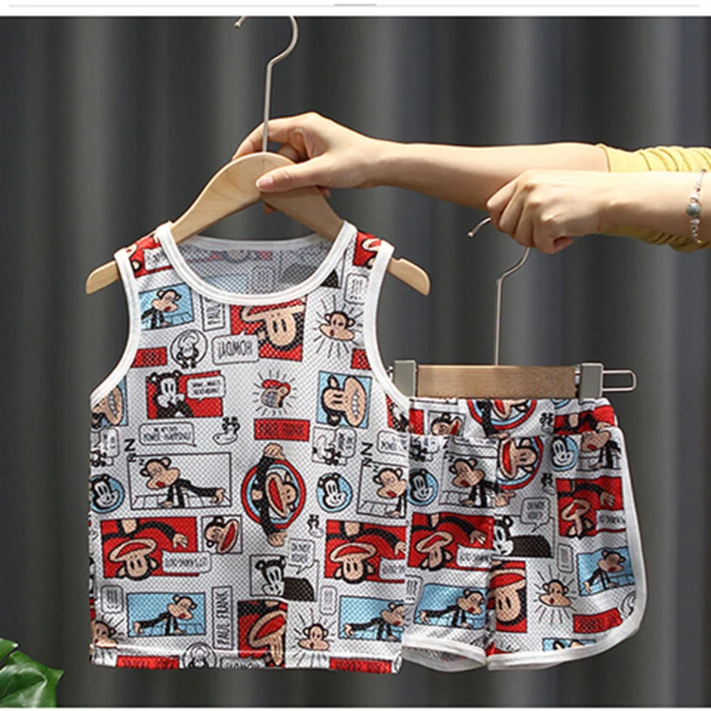 2pcs/fashion summer 2024 clothing boys kid clothes  cheap Cute cartoon monkey boys Breathable Net cloth child set shirt & shorts