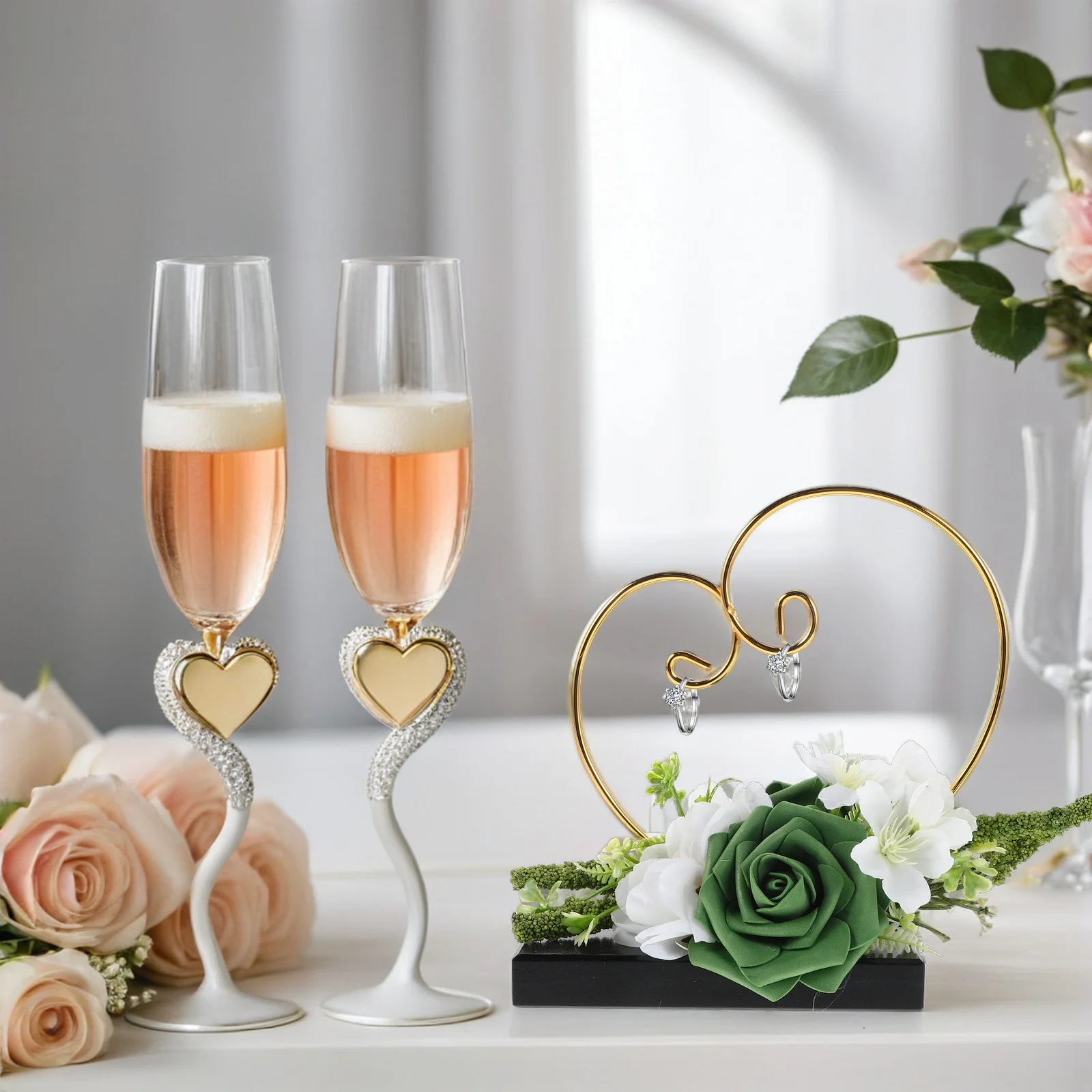 

1pcs Heart Shaped Jewelry Display Stand Ring Earring Organizer Holder With Realistic Flowers Bedroom Dressing Room Decor Elegant