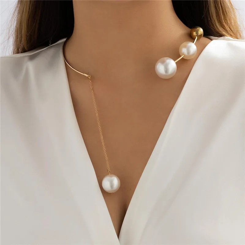 New Geometric Simple Round Bead Opening Adjustable Metal Collar Cold Wind Imitation Pearl Necklace for Women Boho Jewelry Gift