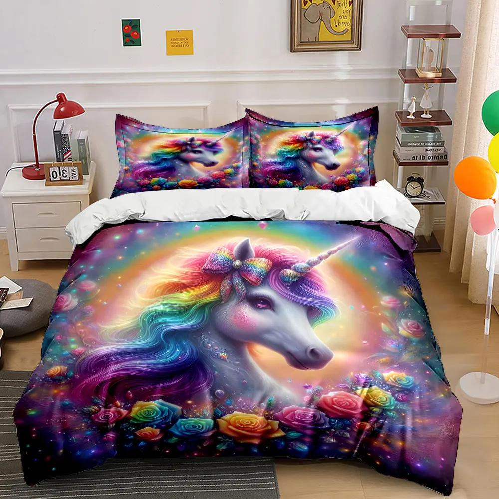Enchanting Unicorn with Rainbow Flowers Bedding Set for Kids Luxury Gift 3pcs Digital Print Comforter Set Soft Comfortable