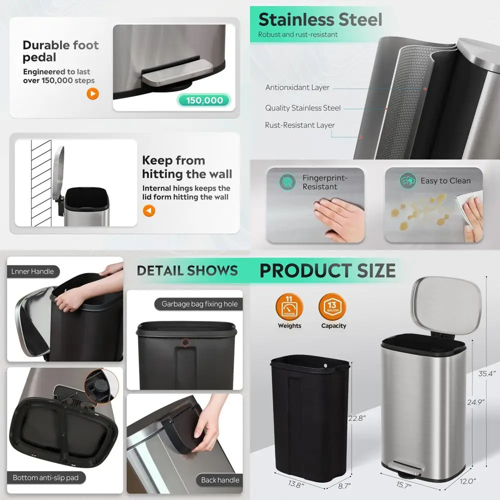 

50L Silver Stainless Steel Trash Can with Step and Inner Bucket for Kitchen, Laundry, and Office