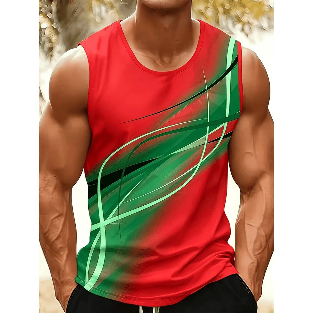 3D Print Art Style Wavy Stripes Men Tank Top Daily Casual Fashion Outdoor Basketball Vest Fitness Gym Quick Dry Loose Men's Vest