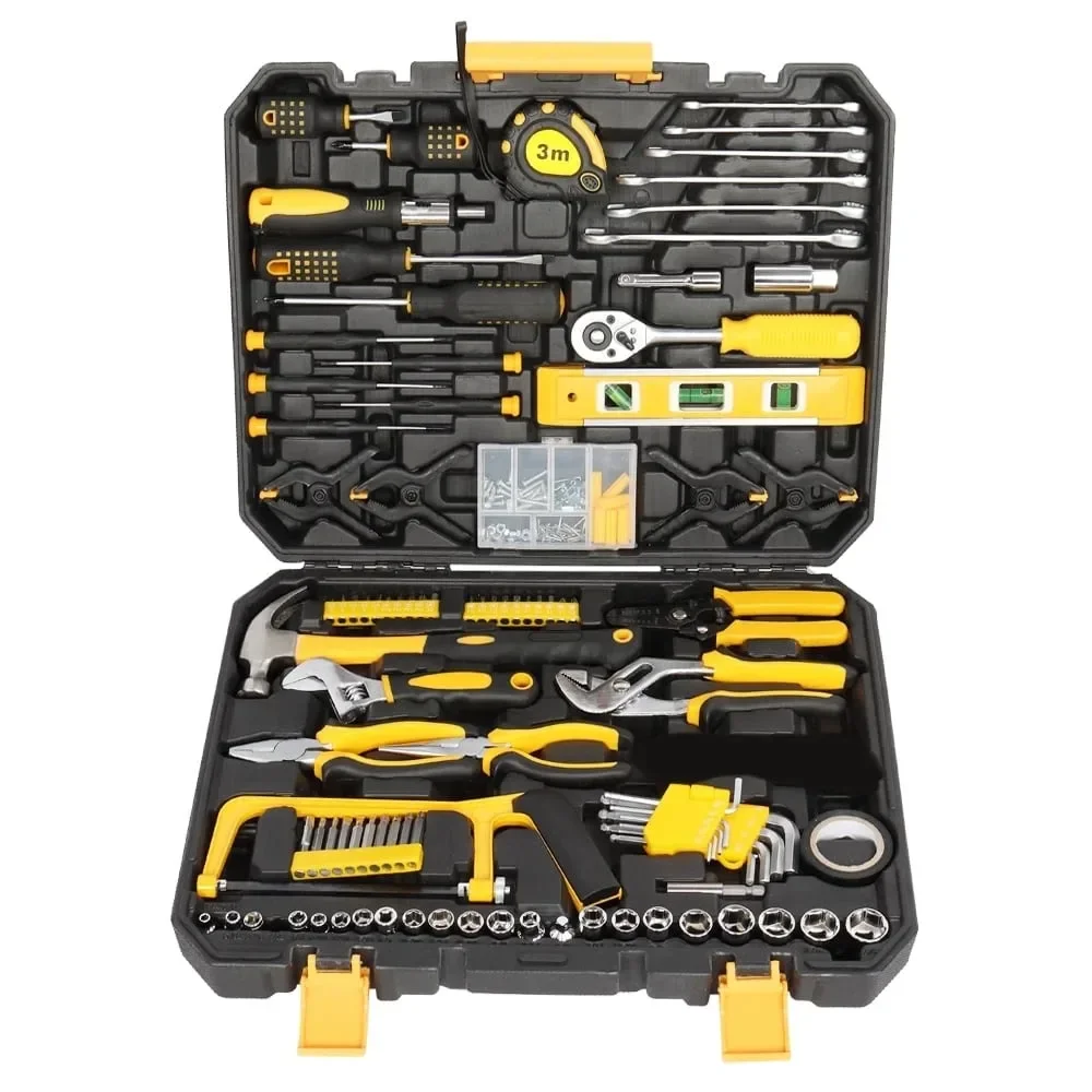 

198 Piece Tool Set, Household Universal Hand Tool Kit Socket Wrench Auto Repair Tools with Storage Box, Yellow