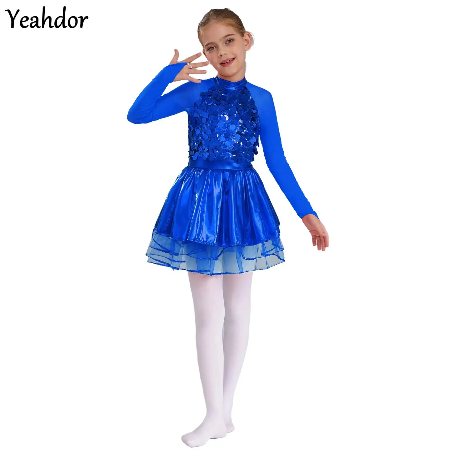 

Girls Sparkling Sequinss Metallic Jazz Ballet Dance Tutu Dress Long Sleeves Sheer Mesh Modern Skating Gymnastics Leotard Dresses