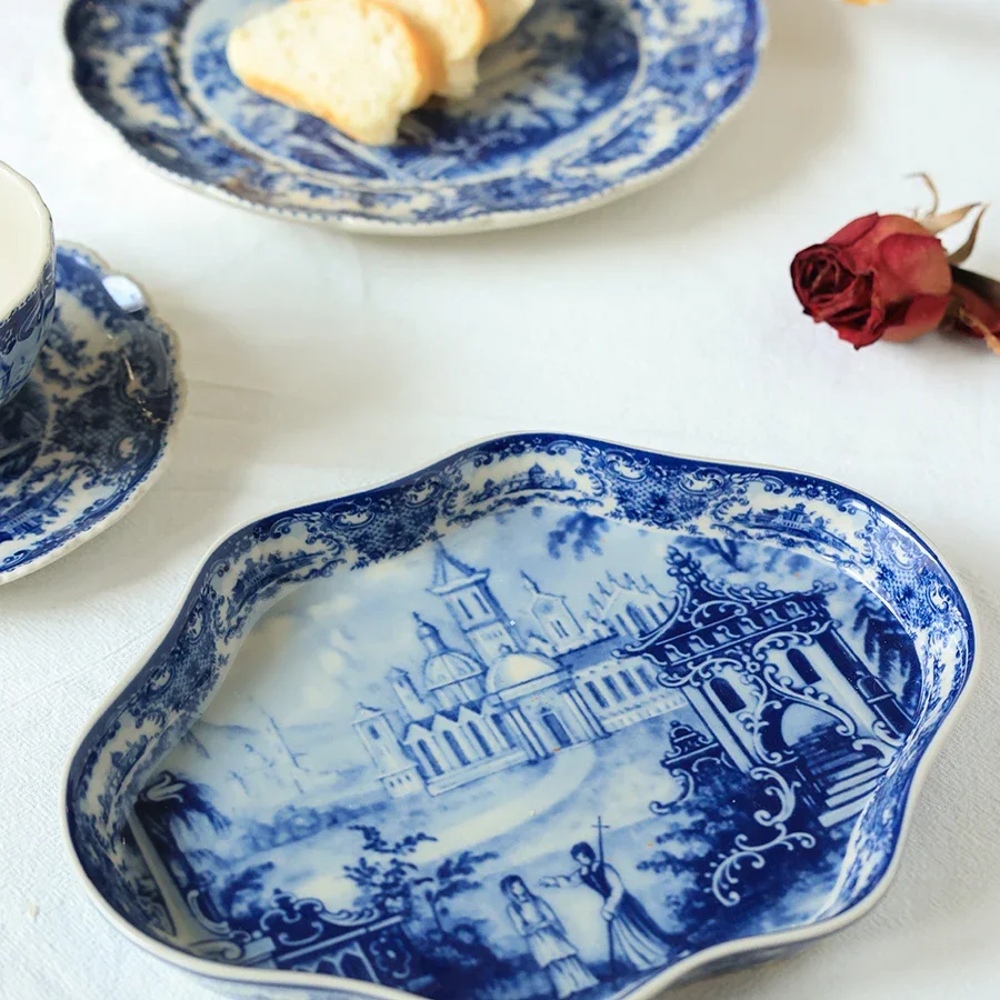 English Castle Retro Palace Ceramic Afternoon Tea Mug Coffee Cup Vintage European Blue Castle Dessert Plate Underglaze Color 4