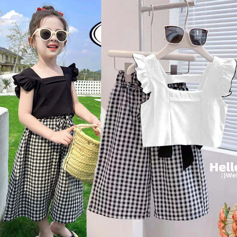 Girl's T-shirt Clothes Sets Summer New Suspenders Vest+Plaid Wide-Leg Pants 2Pcs Suit For 2 3 4 5 6 Years Kids Fashion Outfit
