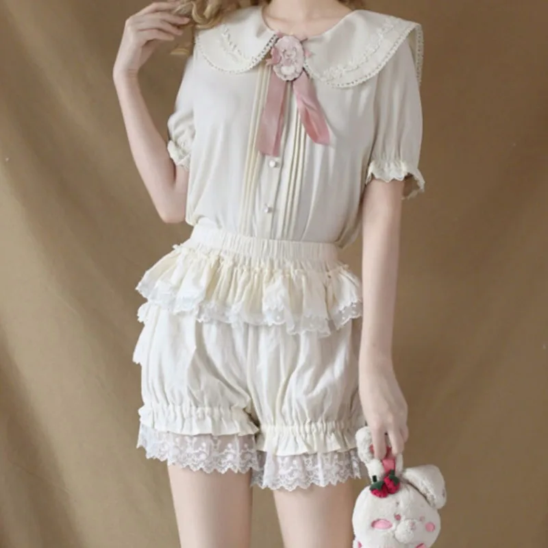 Short de sécurité Lolita à volants en dentelle douce pour femme, pantalon en coton rose, culotte à plusieurs niveaux, culotte Aliments Kawaii, bloomer victorien vintage