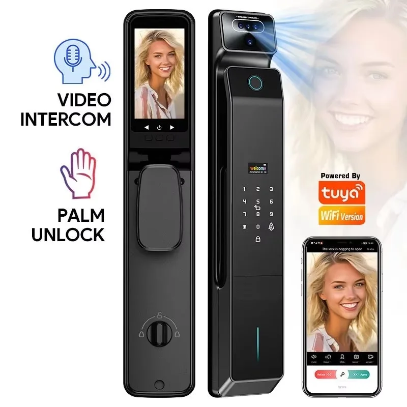 Real Time Intercom Door Lock Palm Vein Face Recognition Smart Lock Intelligent Digital Lock For Home With Camera Tuya JLink Wifi