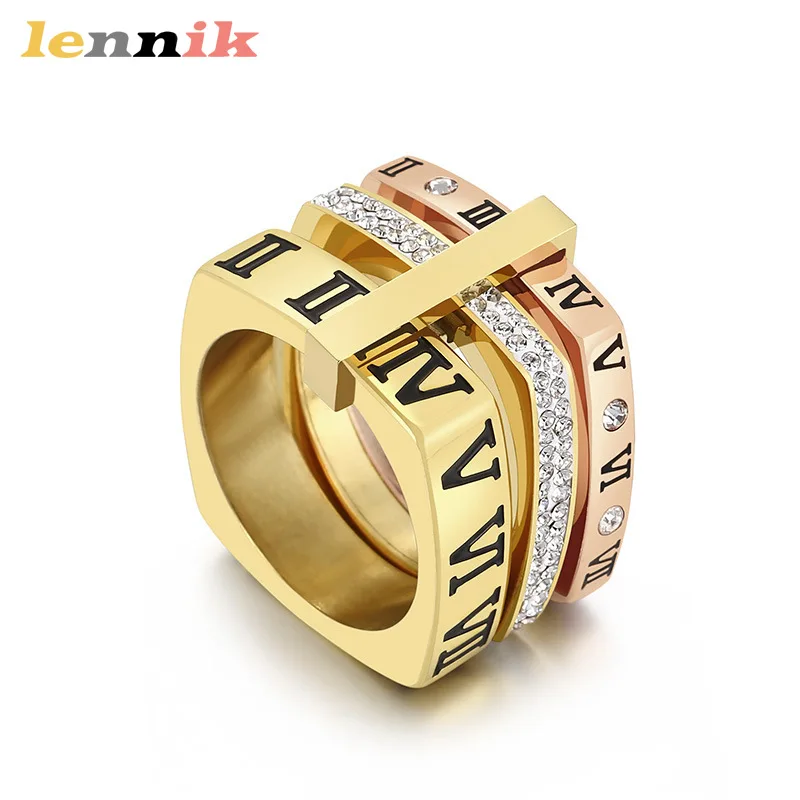 Stylish LENNIK Multi-Ring Square Ring, Stainless Steel Zircon Roman Numeral Design, European-American Trendy,  New Limited Offer
