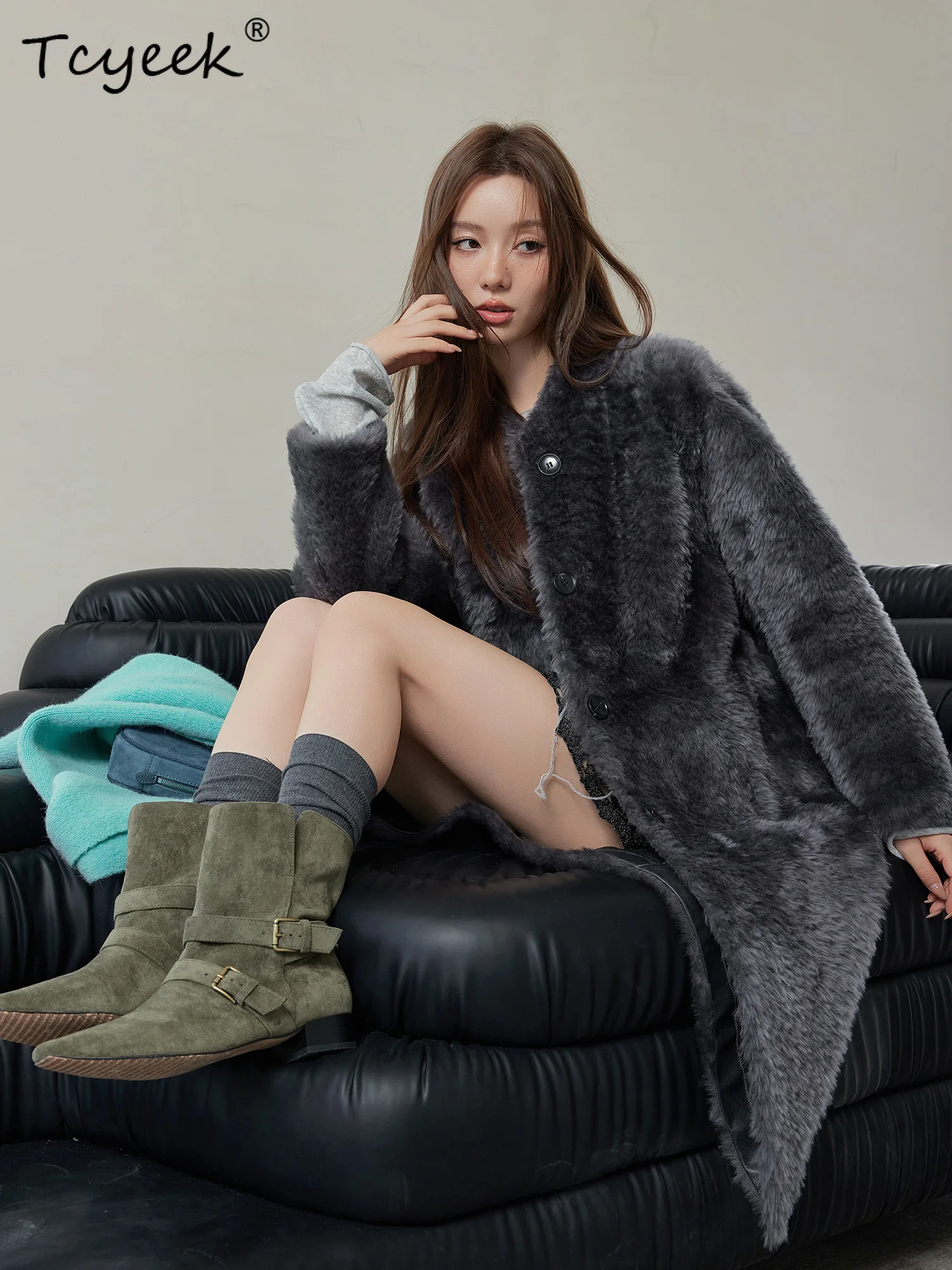 Tcyeek Jesień Zima Importowane Futro Zintegrowany Stójka Szary Antracyt Średniej Długości Damski Wełniany Płaszcz Futrzany Fourrures Femme
