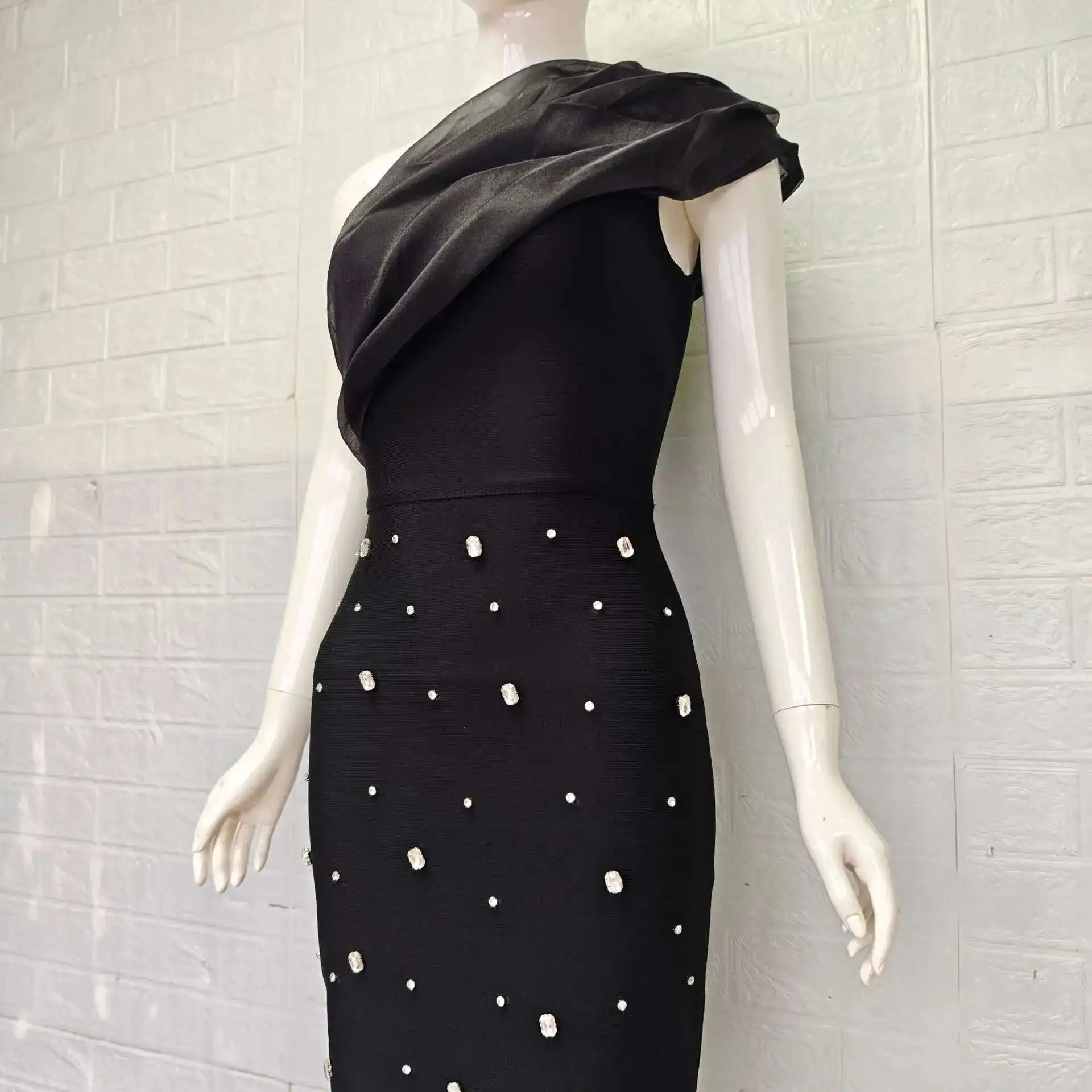 LEOSOXS Womens Elegant Evening Dress Rose Black One-Shoulder Patchwork Beaded Luxurious Rhinestone Sexy Asymmetric Bodycon Dress