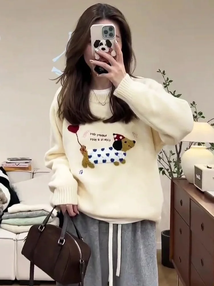 

Korean Style round Neck Pullover Sweater Women's Autumn Winter New Fashion Age Reduction High Sensation Loose Knitted Top