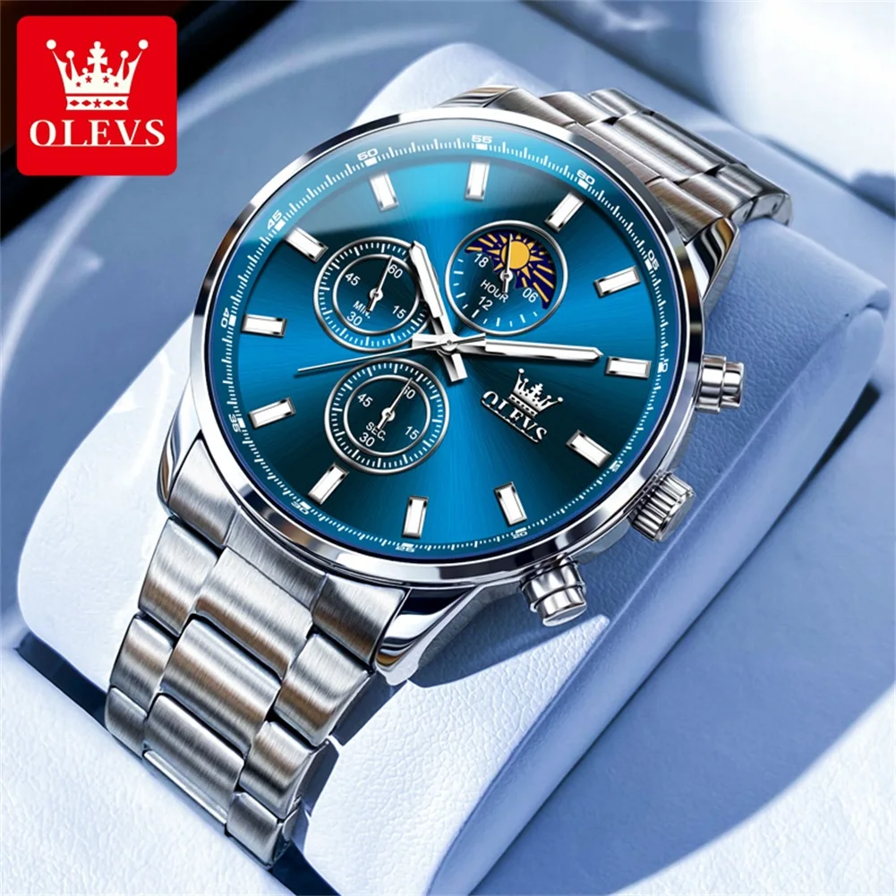 

OLEVS Mens Watches Top Brand Luxury Chronograph Quartz Watch for Men Stainless Steel Waterproof Calendar Moon Phases Wristwatch