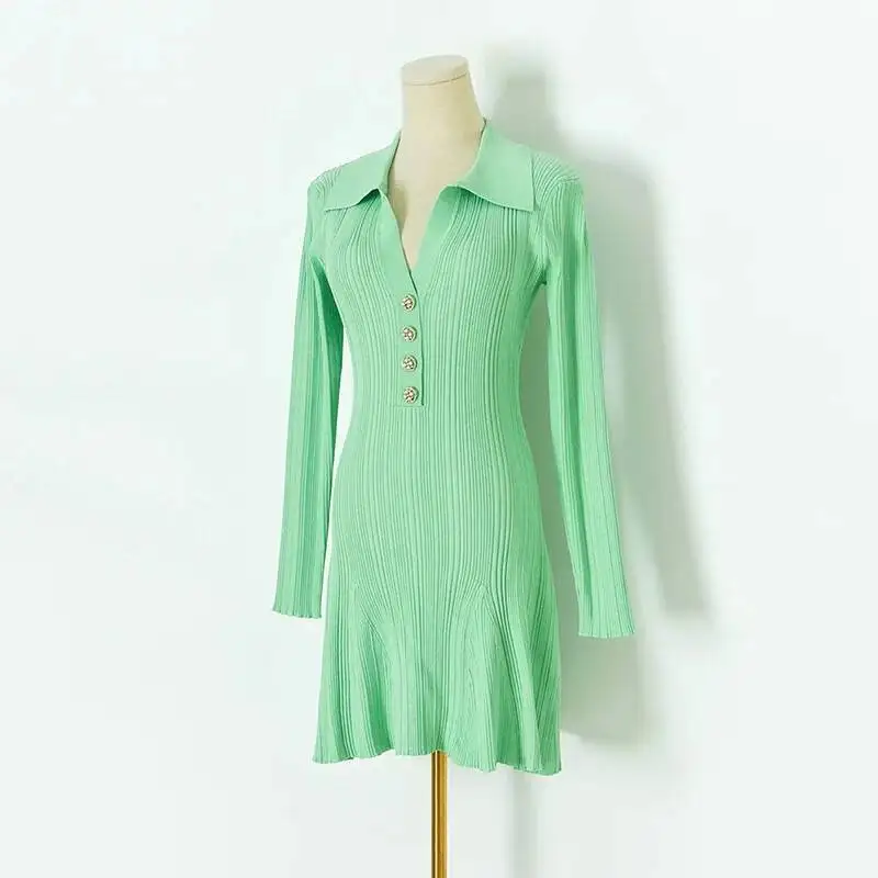 

New Women Knitted Cotton Dress Elegant Turn-Down Collar Long Sleeve Casual Dresses