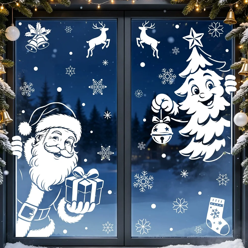 Weiße Weihnachtsbaum-, Weihnachtsmann-, Schneemann- und Elch-Fensteraufkleber zur Dekoration für Zuhause, Büro, Einkaufszentrum und Schaufenster – Detail 9