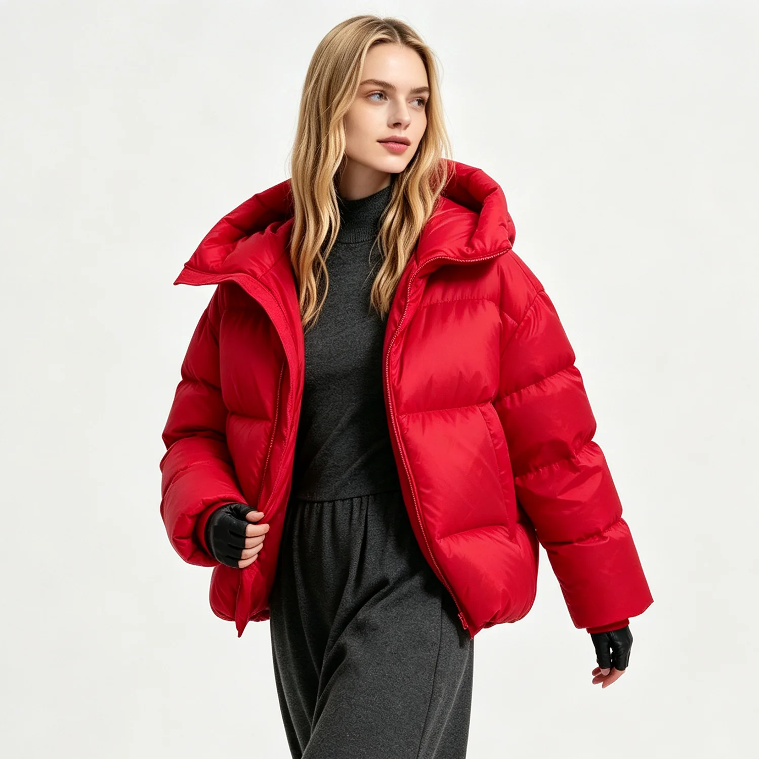PUAL  Women Hooded Puffer Jacket, Full Zip Drawstring Warm Winter Coat Loose Casual Outerwear With Side Pockets