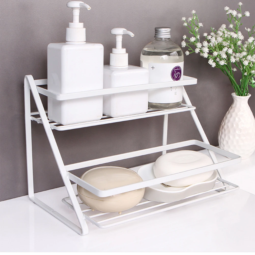 

Double Tier Wrought Iron Storage Rack Kitchen Shelf White Two Tier Desktop ganizer Hollow Design Anti Slip Pad