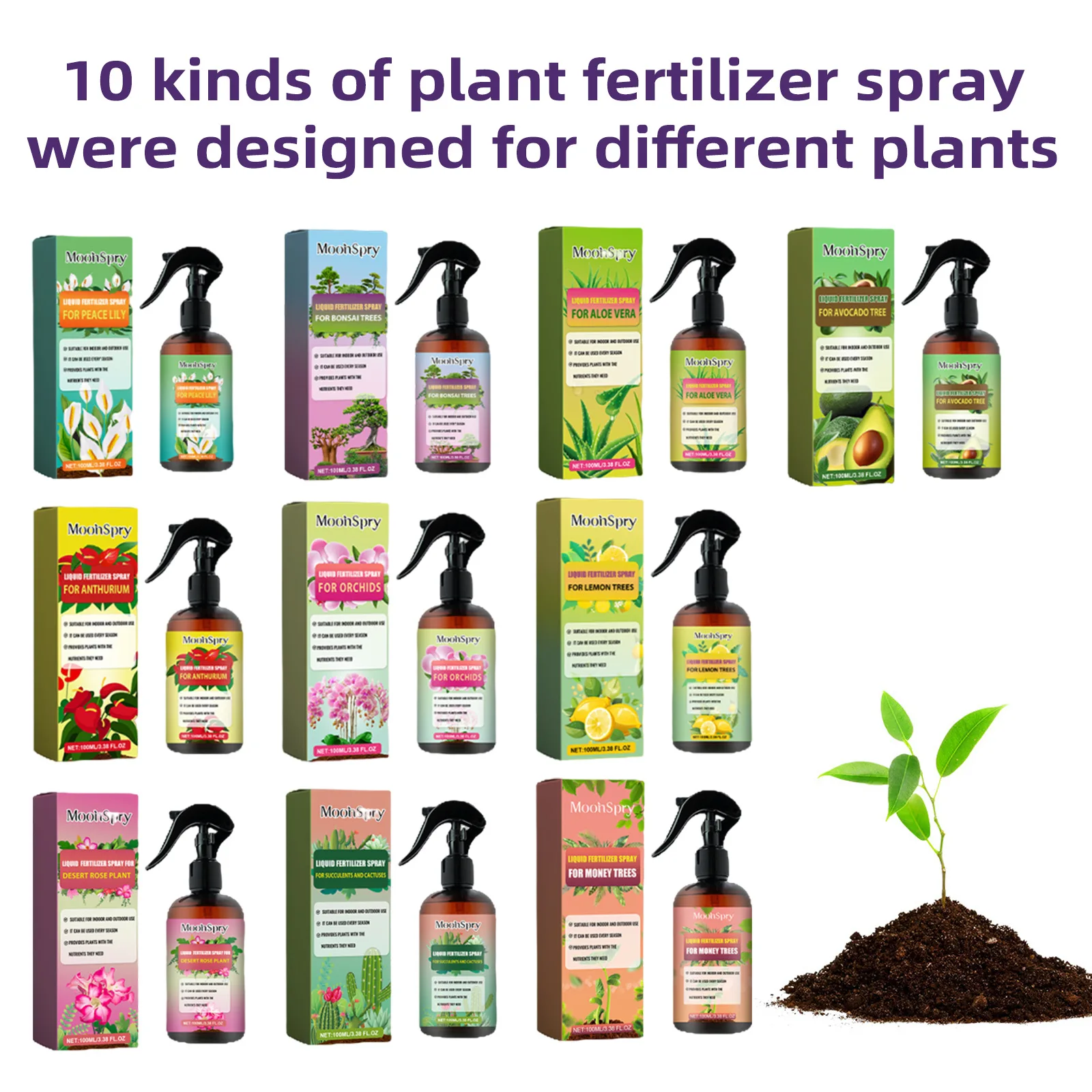Serie de spray de fertilizante MoonSpy de 100 ml para flores, plantas y árboles, fertilizante suplementario para el cuidado nutricional del crecimiento de plantas