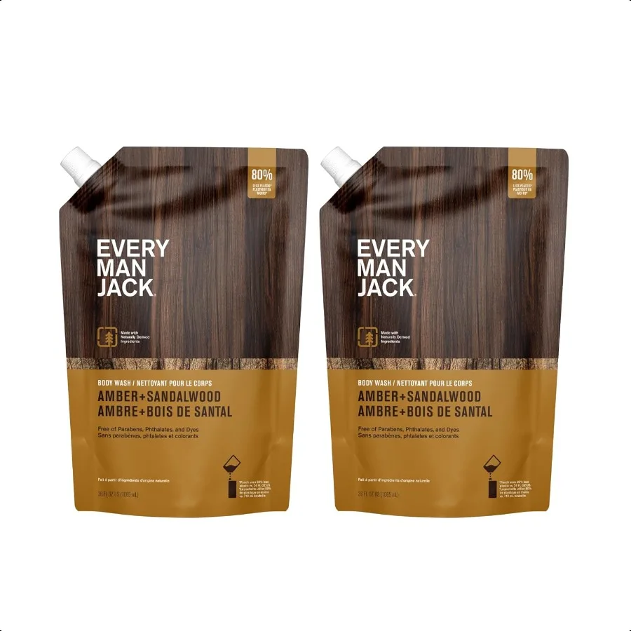 

Amber + Sandalwood Mens Body Wash Refill Starter Pouch Cleanse Nourish and Hydrate Skin Naturally Derived Ingredients Paraben F