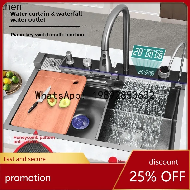 

Кухонная мойка YFY с узором «соты», черная, с эффектом водопада, большая, с одной чашей, из нержавеющей стали 304, для мытья овощей