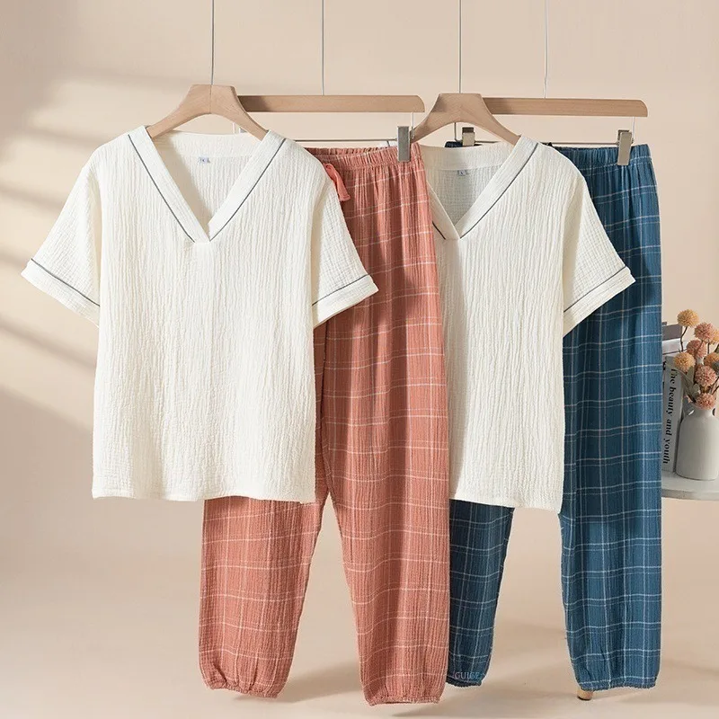 

Women's 100% Cotton Double Gauze Pajama Set Short Sleeve V-Neck Top & Multi-Color Plaid Cuffed Pants No Shrinkage Loungewear
