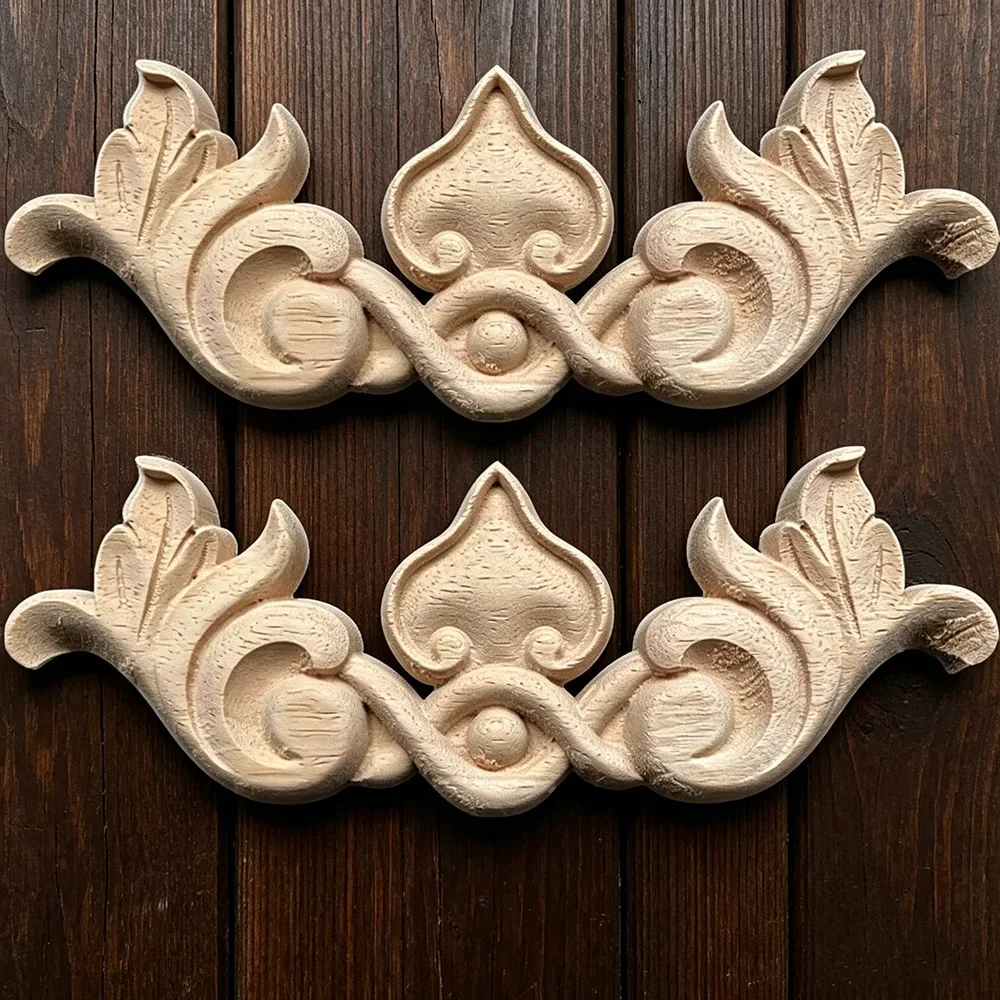 2PCS Carved Flower Carving Wood Appliques for Furniture Cabinet Unpainted Wooden Mouldings Decal Decorative Figurine