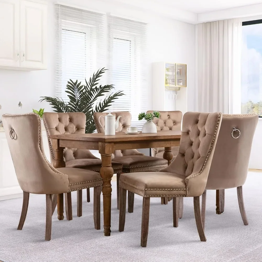 

Dining Chair Set of 6 with Button Back Ring, Solid Wood Leg, Modern Upholstered High-end Tufted Side Chairs, Velvet Dining Chair