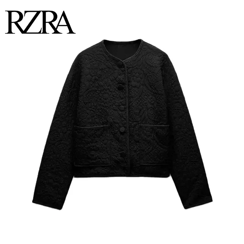 

RZRA original 2024 autumn and winter new women's black brocade round neck long-sleeved casual short suit jacket