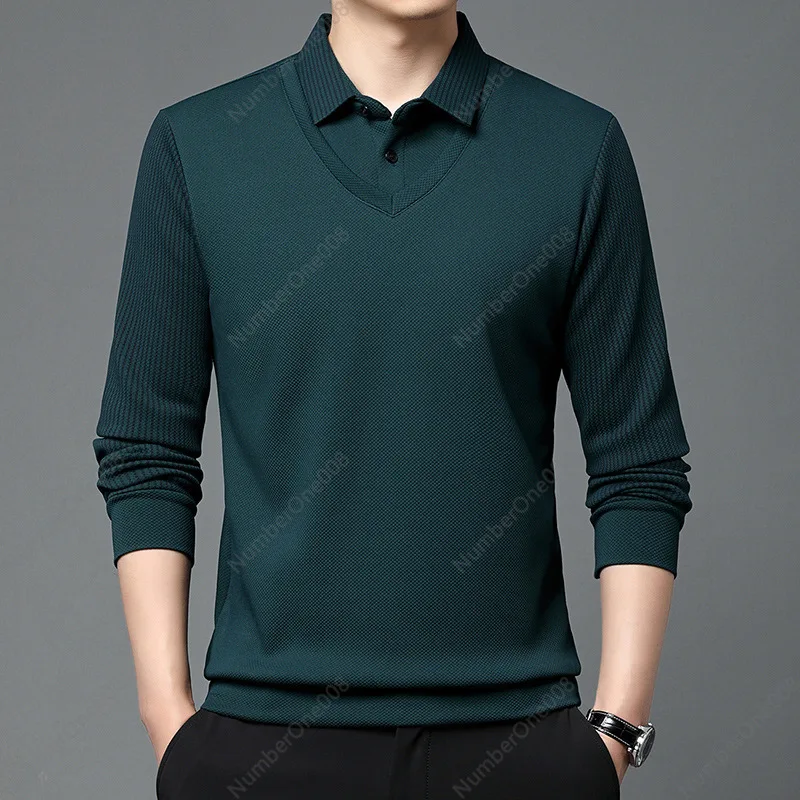 Polo Shirt Trendy Men's Long-sleeved Thin Base Loose Shirt Collar Fake Two Lapels New Top