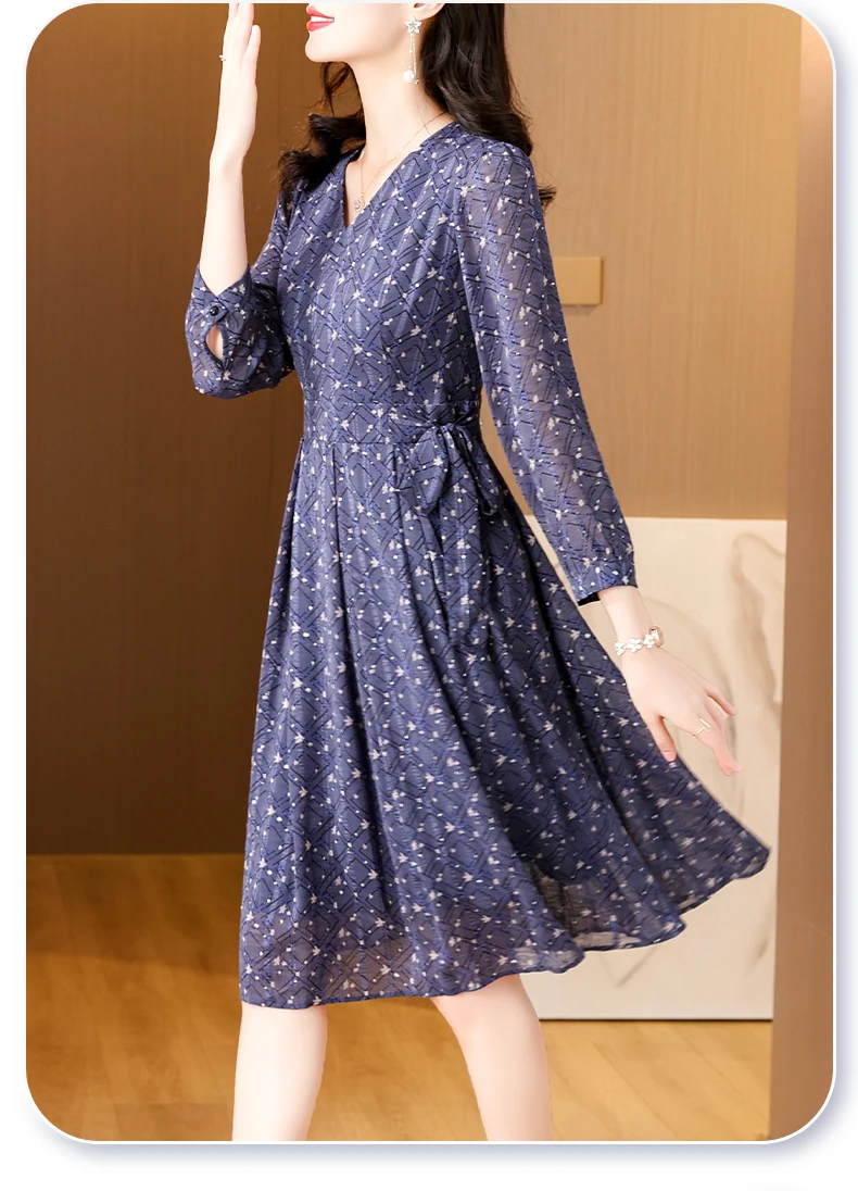 2024 Ladies O Neck Loose Casual New Vintage Printed Silk Midi Dresses Robe Spring Summer Prom Dress Women Elegant Party Vestidos