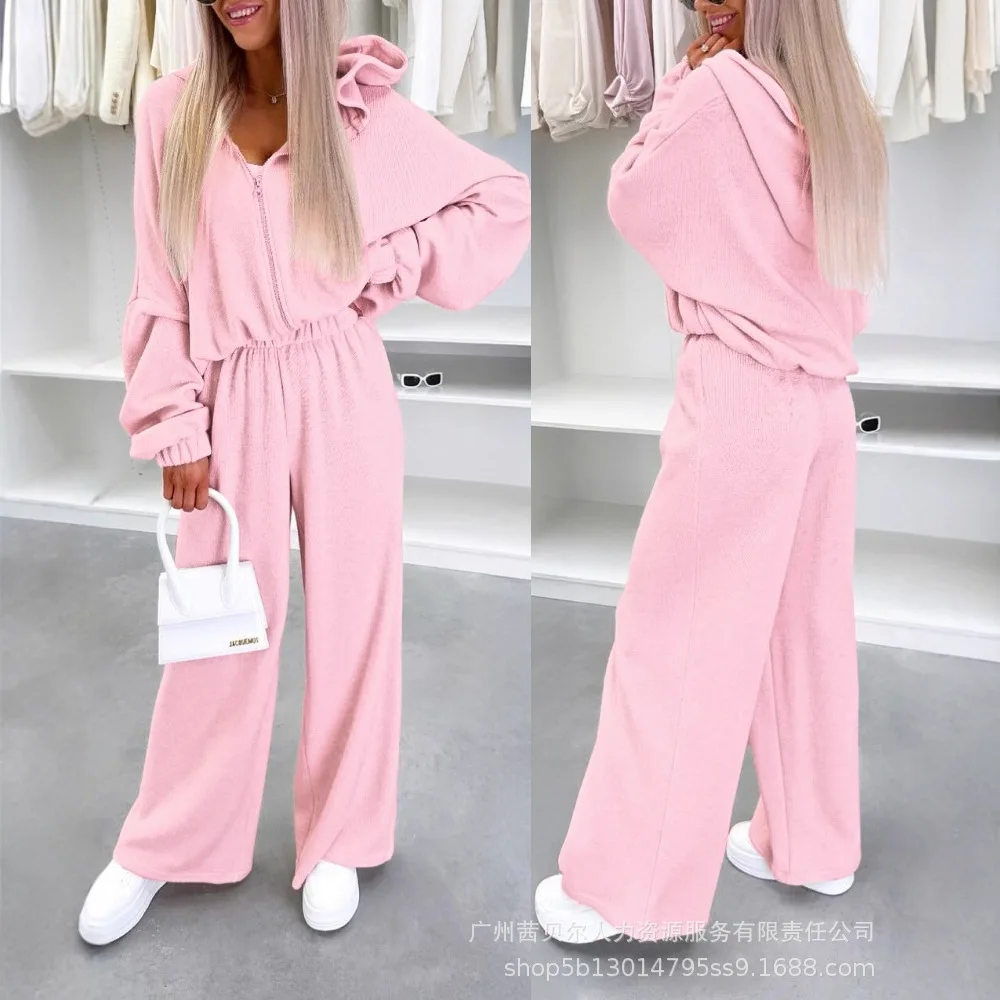 

Women Pant Set Two Piece Sets Sports Zipper Matching Sets Coats Wide Leg Y2k Long Pants Solid Elastic Waist Streetwear Casual