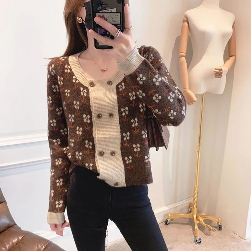 Autumn Winter Korean Style Vintage Jacquard Patchwork Cardigan Sweater Female Loose Casual All-match Knitted Coat Ladies Outwear