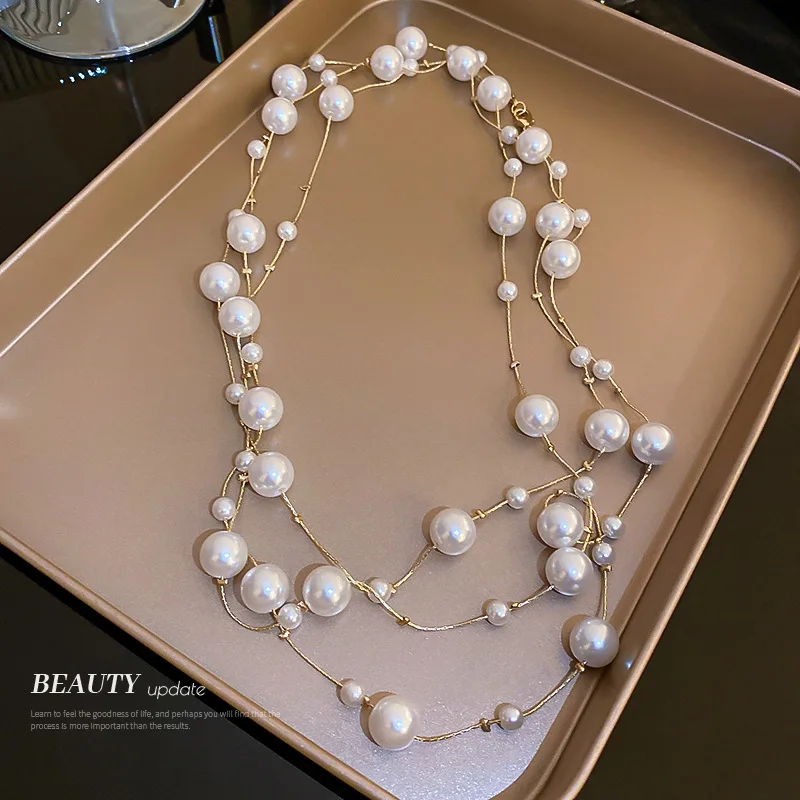 winter fashion women's long necklaces 2024 Korean jewelry accessories long pearl necklace sweater chain accessories