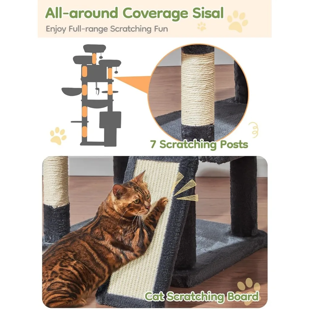 76-Inch Cat Tree XXL for Large Cats, Giant Cat Tower with Scratching Board, Extra-Large Metal Hammock, 3 Perches, 7 Si