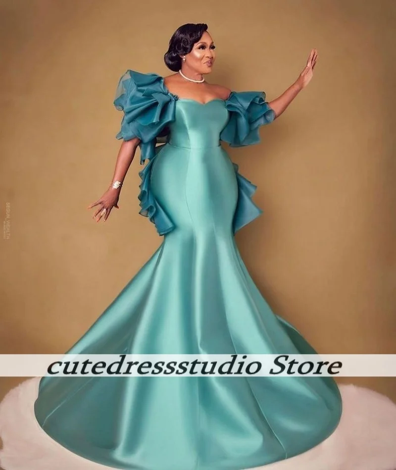 Luxo fluindo vestidos de noite de cetim com babados inchados mangas africano sereia casamento convidado vestido de festa vestidos de baile personalizados