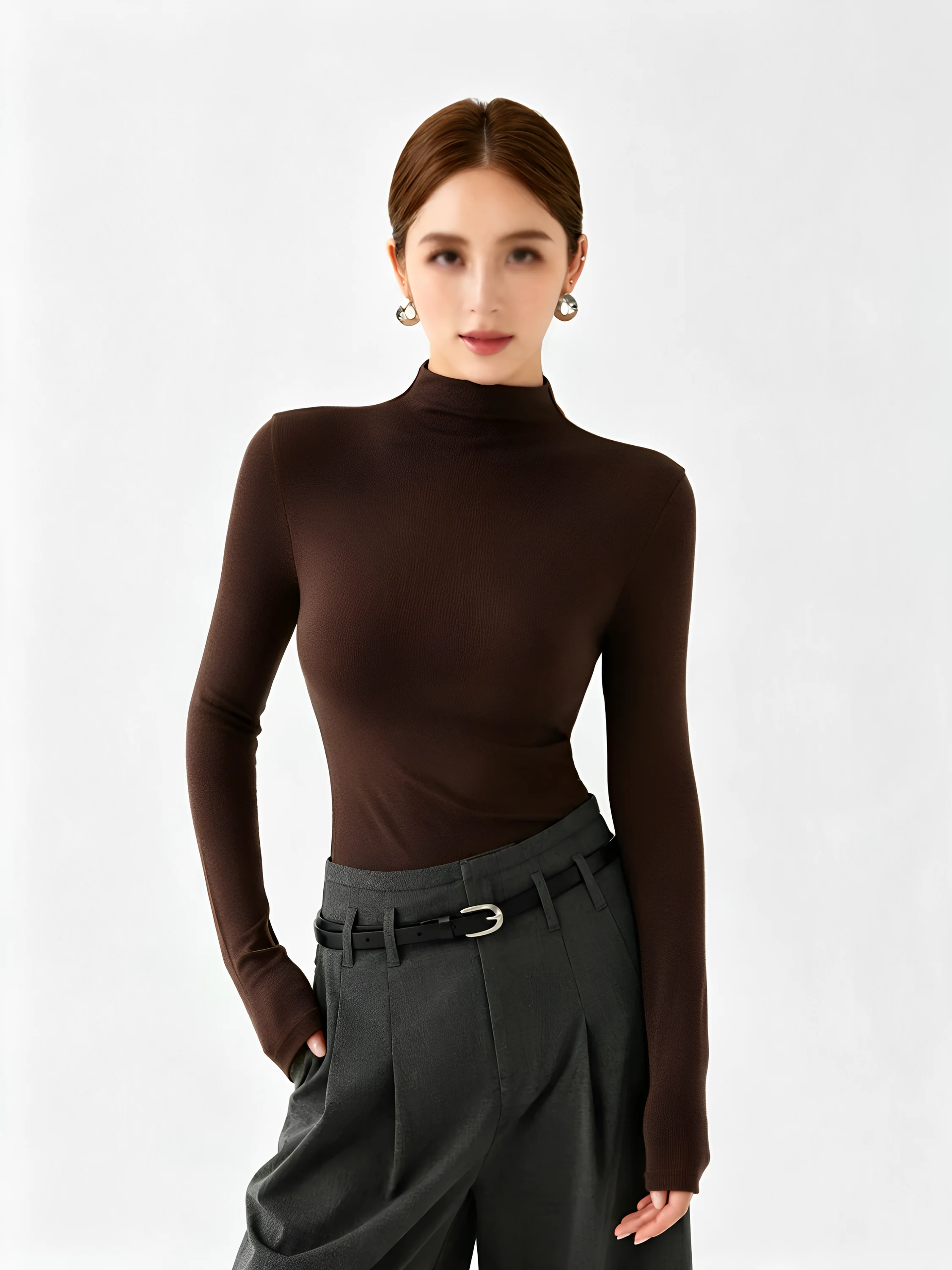 plus Size Women's Fleece Lined Long Sleeve Half High Neck Base Shirt Slim Fit Inner And Outer Wear T-Shirt Top for Commuting