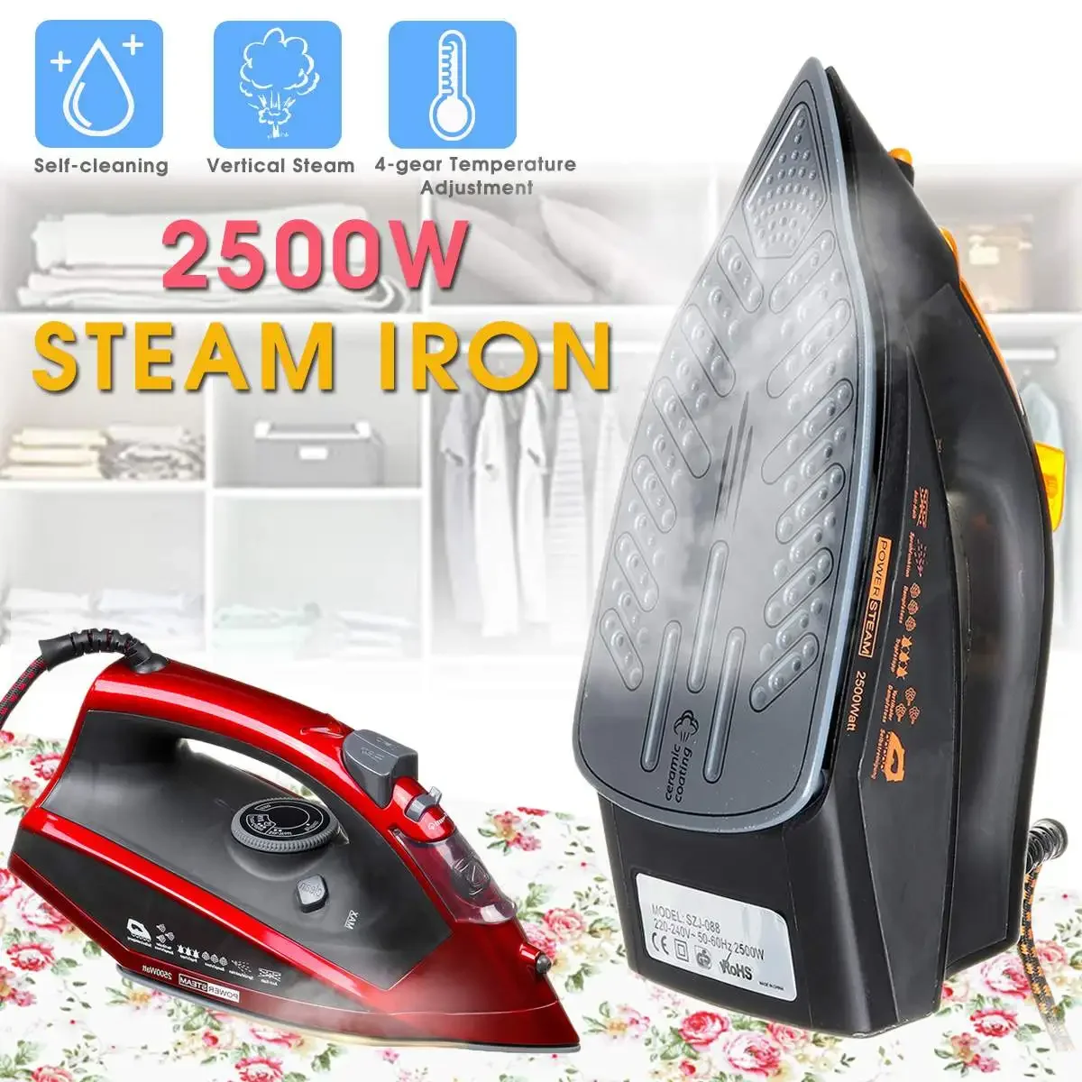 

220-240V 2500W Steam Iron for Clothes Garment Steam Generator Electric Irons Self-Cleaning Travel Portable Home Ironing Steamer