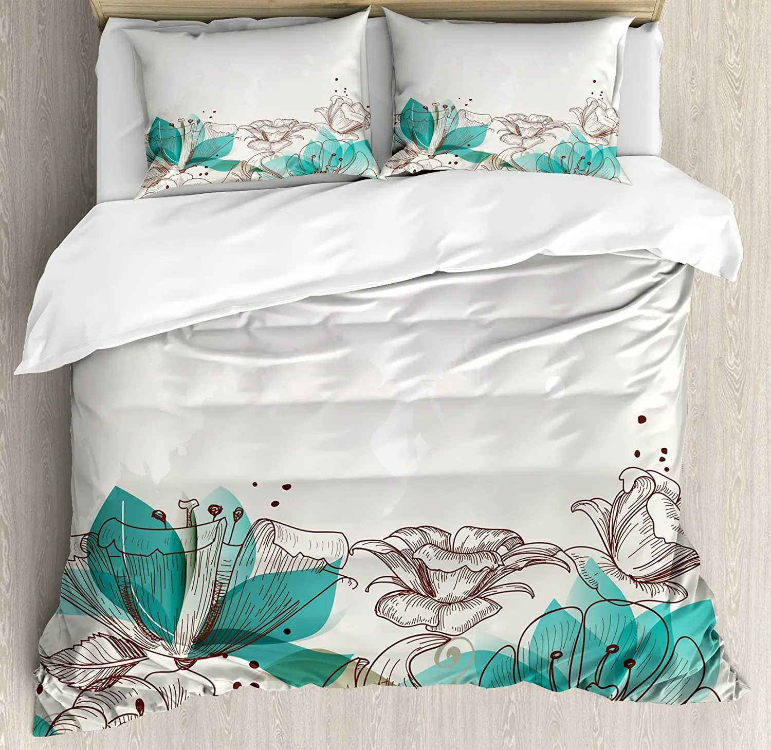 

Turquoise Bedding Set For Bedroom Bed Home Retro Floral Background with Hibiscus Silhouett Duvet Cover Quilt Cover Pillowcase