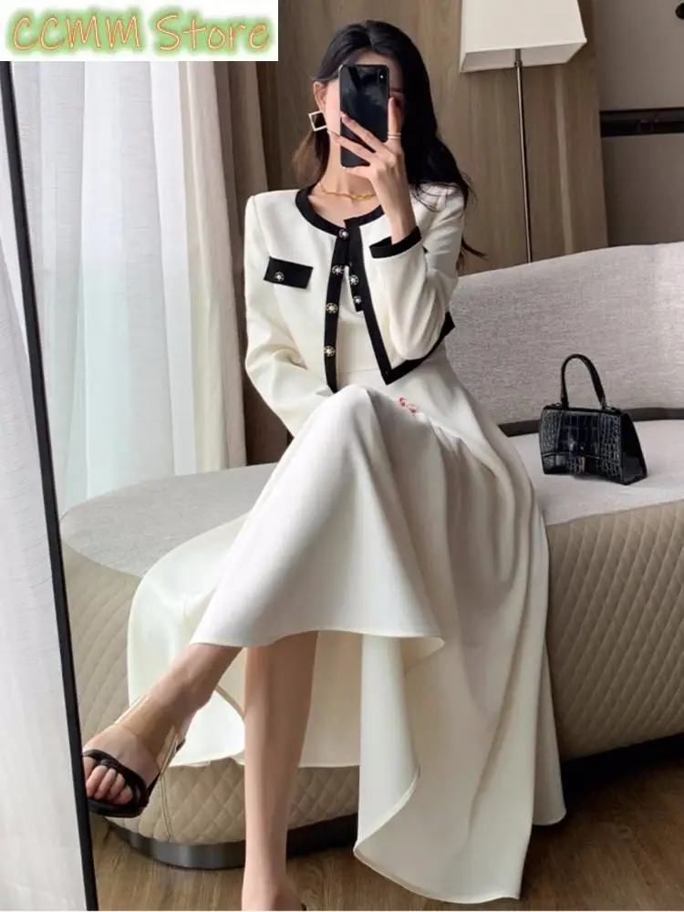 

Elegant Solid Midi Dress 2 Piece Set Office Lady Chic Suit Spring Short Jacket Sleveless A-line Dresses Outfits Korean Clothes