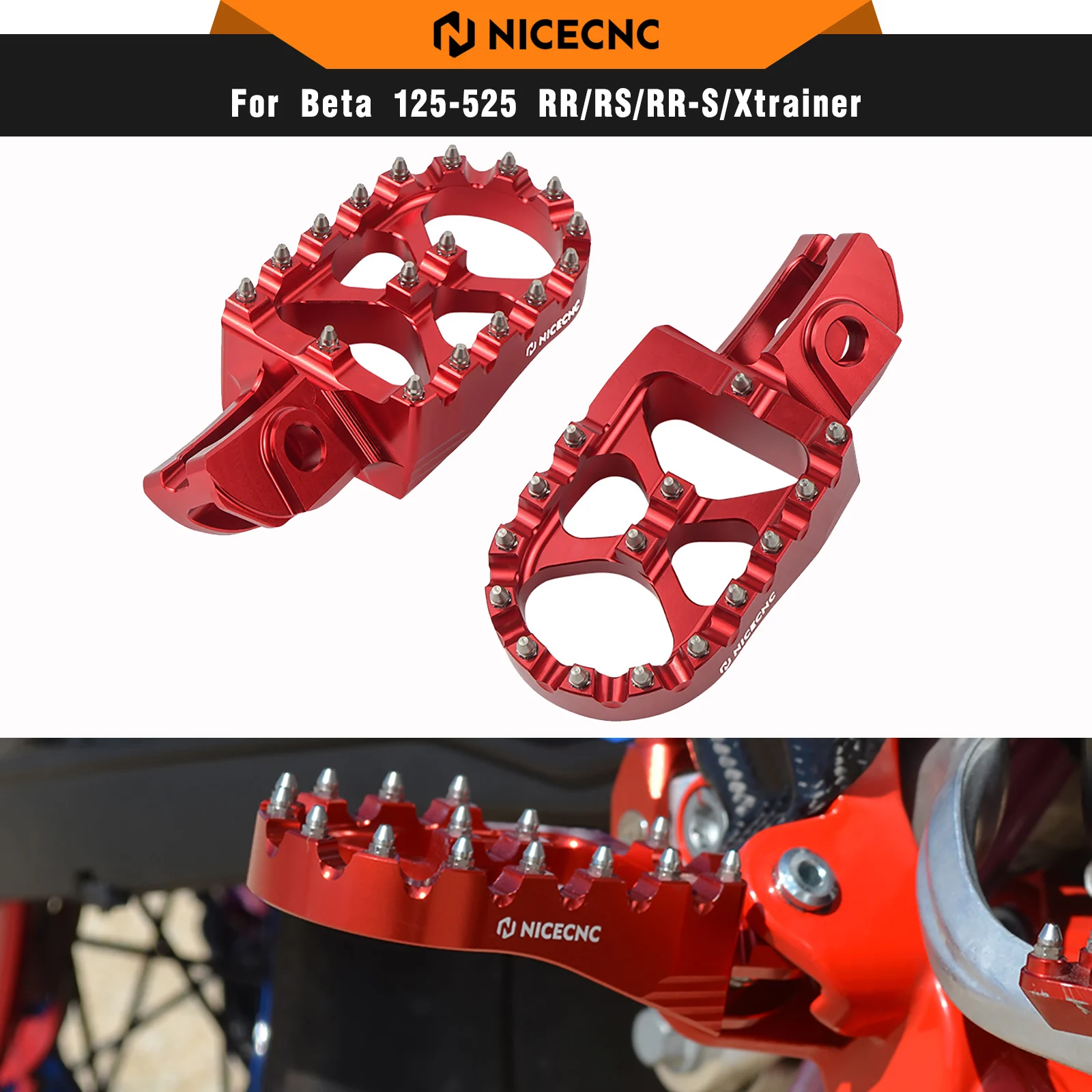 NICECNC Foot Pegs Footrest For Beta RR300 RR250 RR200 2020-2024 RR350 RR390 RR400 RR430 RR 450 480 520 2020-2024 6061 Aluminum