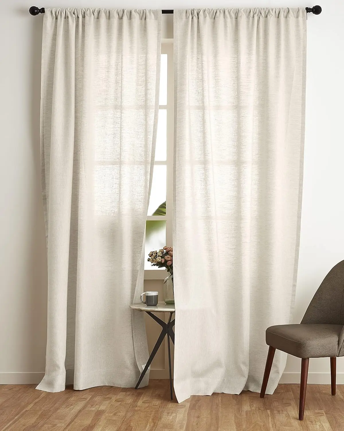 Boho Linen sheer Curtain , Light Natural Light Filtering Rod Pocket Curtain 84 Inches Long,Window Treatment for Living Room