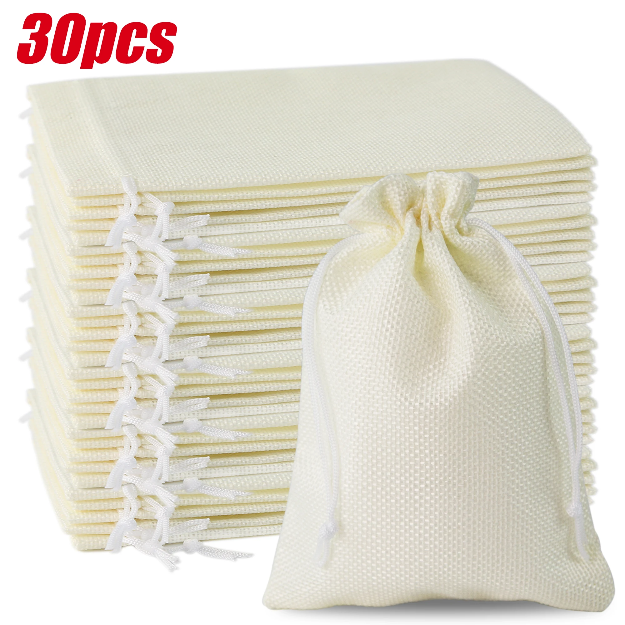 30 Uds. Bolsa de arpillera con cordón blanco lechoso, regalo de yute, bolsa de regalo de recuerdo de boda DIY para embalaje de joyería de Chocolate y dulces