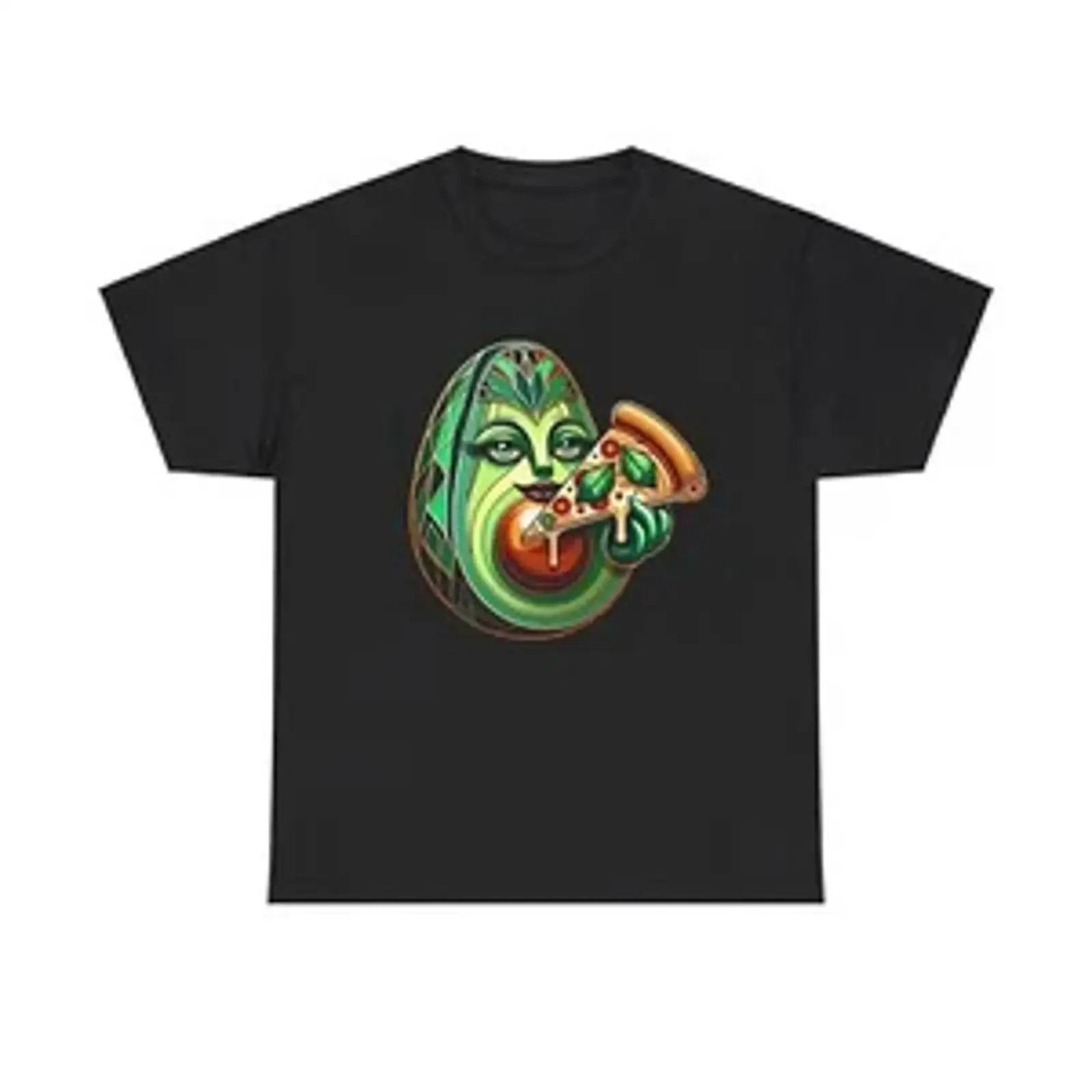 Adult T Shirt Art Deco Avocado Eating Pizza Slice Funny Food Retro vintage Washed Comfortable streetwear Stretched Slightly