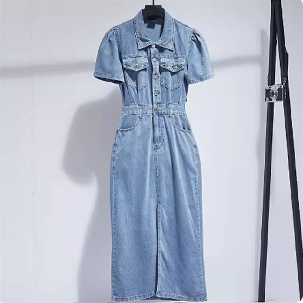 vintage short-sleeved denim dress women fork long jeans dress