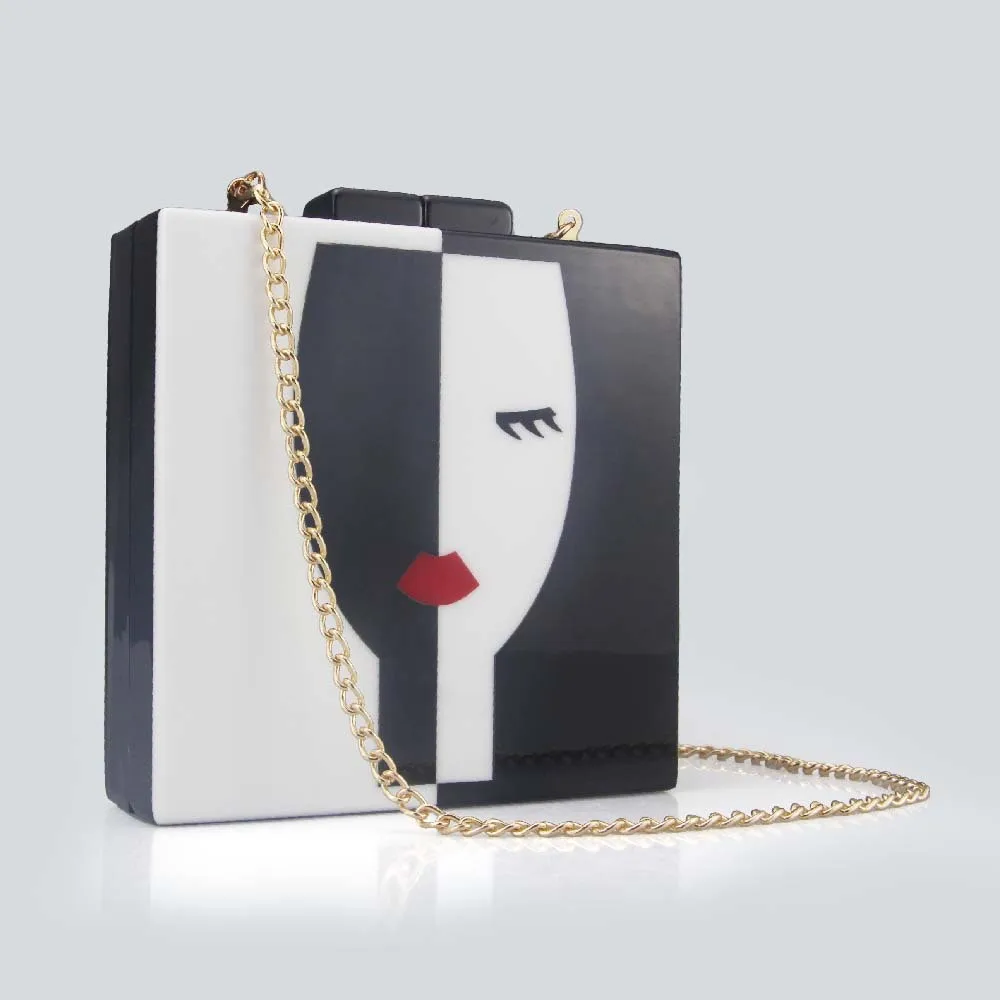 Women's New Black White Splicing Acrylic Dinner Bag Fashion Ladies Retro Shoulder Bag Mysterious Portrait Wedding Banquet Bag image 4