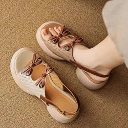 2024Ladies Summer Fashion Open Toe Narrow Strap Designer Womens Shoes Casual Leather Thick Sole Wedge Women's Sandals Large Size