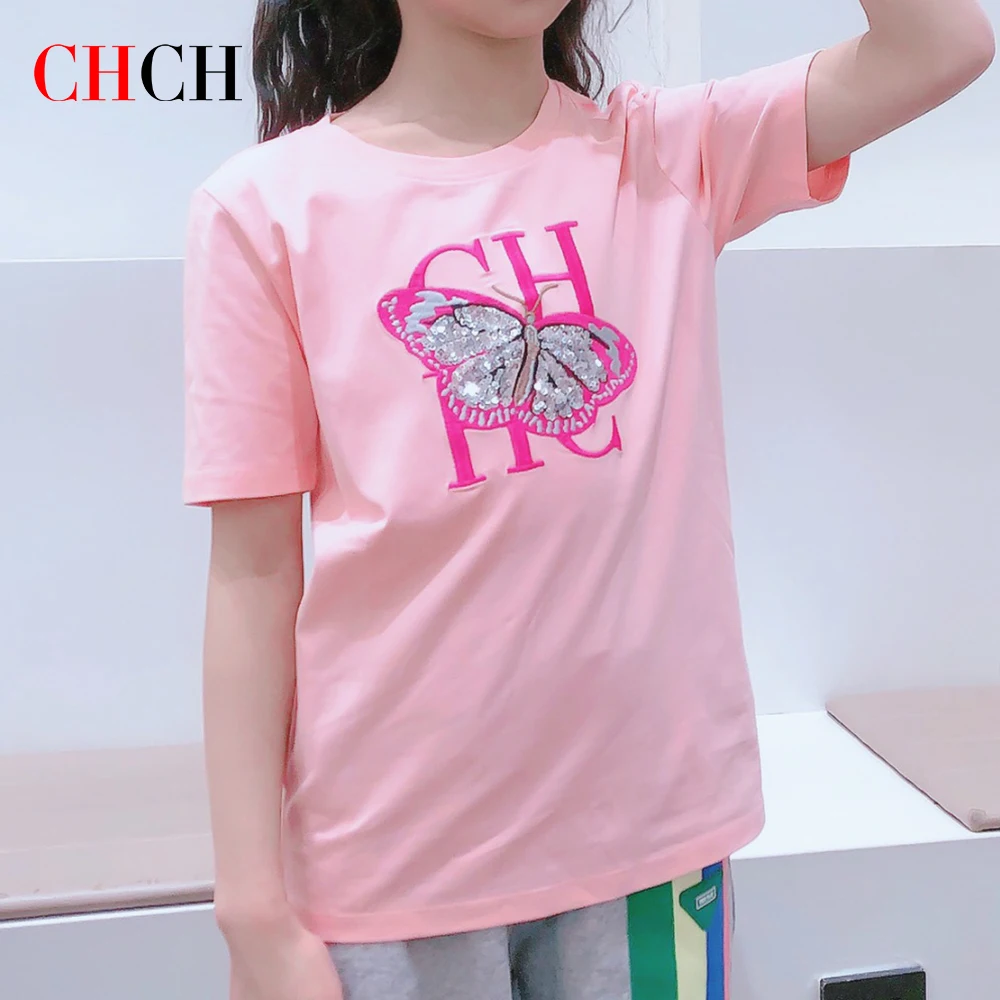 Chch Girls Short Sleeve T-Shirt Pure Cotton Butterfly Print Letter Embroidery Fashion Casual Sports Short Sleeve Children