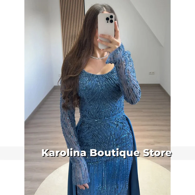 Ballkleid mit abnehmbarer Schleppe, maßgeschneidert, U-Ausschnitt, volle Ärmel, Perlenstickerei, glitzernde Spitze, Abendkleider, Partykleider